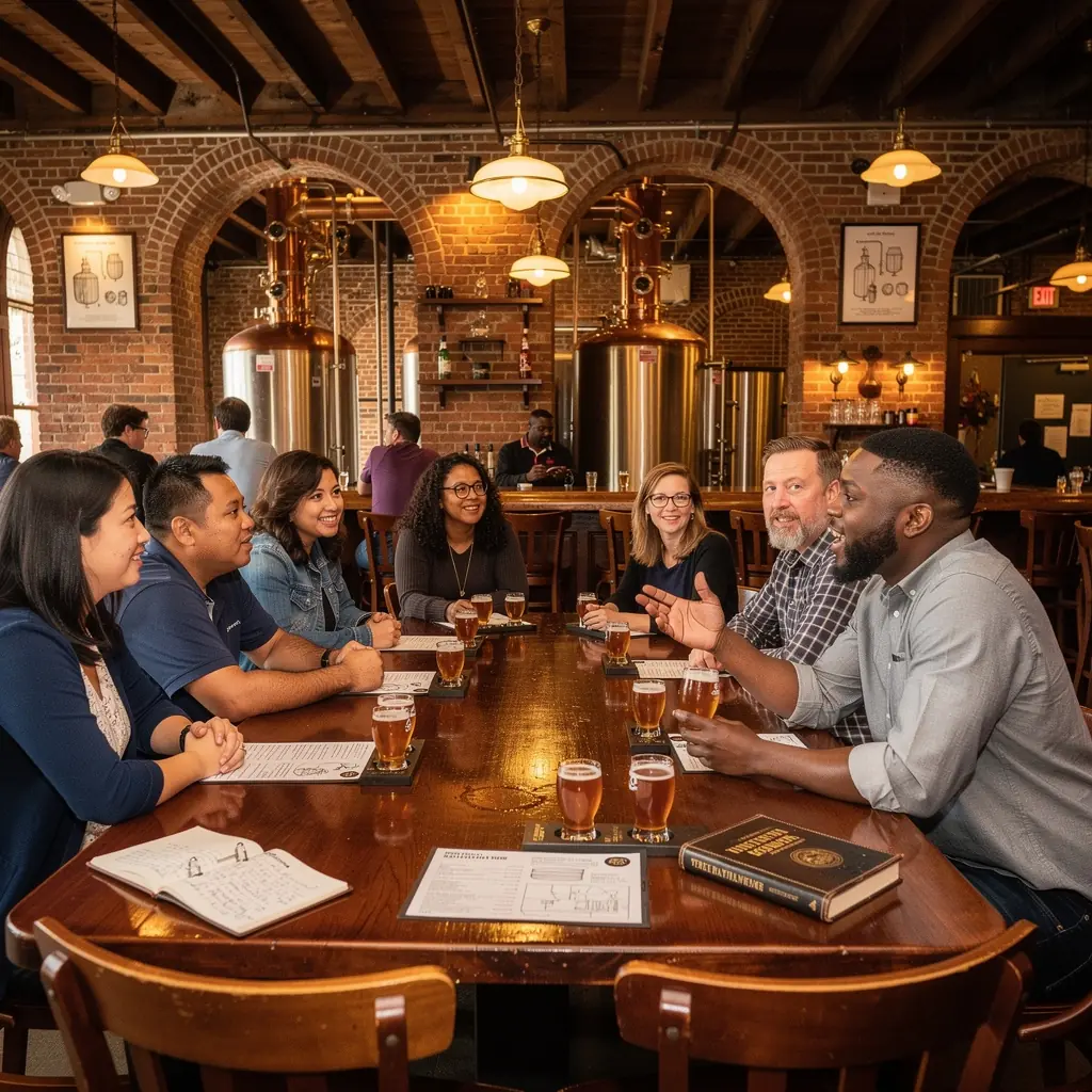 Группа туристов наслаждается процессом пивоварения на заводе.