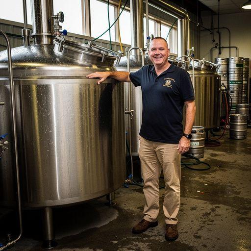 Внутренний интерьер пивоварни, с оборудованием для производства и бочками с пивом.